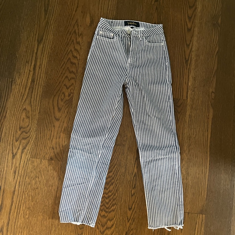 blue and white striped pants